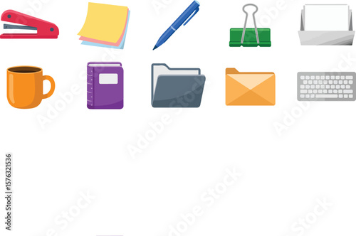 Red stapler stack of colorful notes blue pen green binder grey folder orange envelope and keyboard vector png isolated on white background bundle set 2025 download