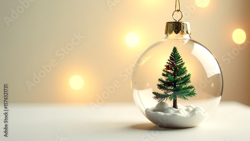 delicate glass christmas ornament showcases diminutive evergreen tree suspended within halo golden light hazy