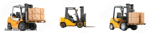 Three yellow forklifts carrying cardboard boxes in a warehouse environment isolated on transparent background.