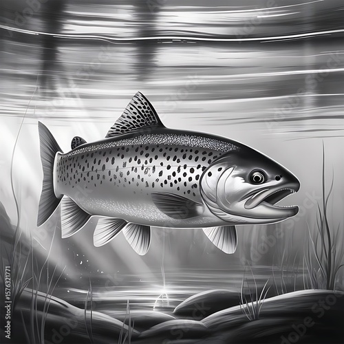 Black and white illustration of a trout fish. (1)