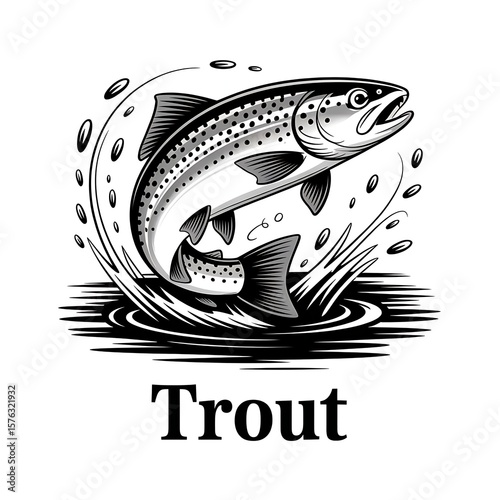 Black and white illustration of a trout fish. (1)