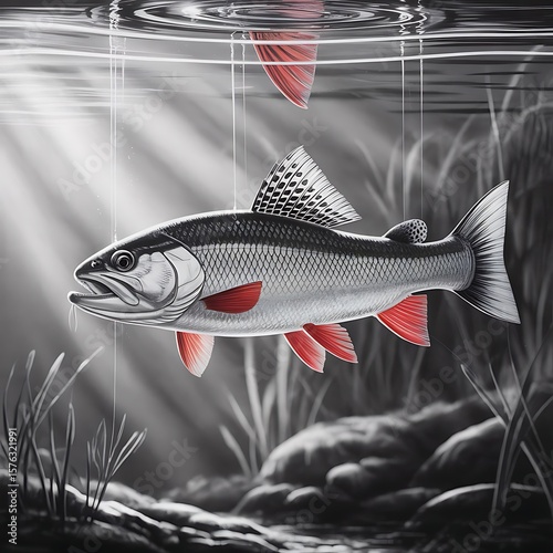 Black and white illustration of a trout fish. (1)