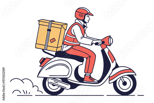 Speedy Delivery: A vibrant illustration showcases a delivery person on a classic scooter, swiftly navigating the city streets with a package secured.
