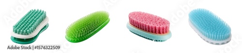 Colorful dual-sided scrub brushes for cleaning tasks isolated on transparent background.