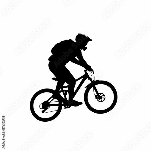 An adventurous male cyclist performing an extreme bike jump in black silhouette on a vast white background.