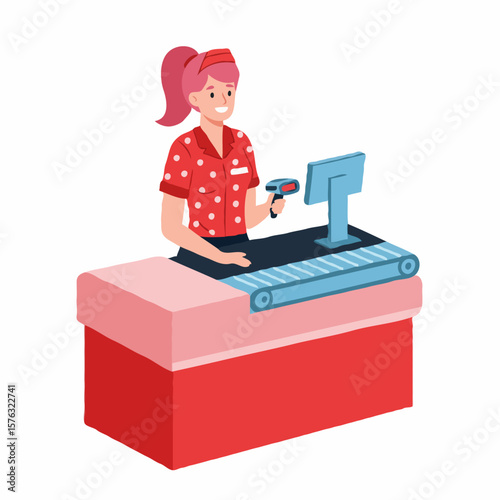 A smiling cashier attending a customer at a store checkout counter on a simple white background with copy space.