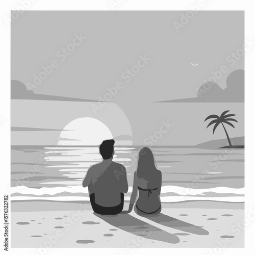 A calm man and woman relaxing on a tranquil shoreline during a scenic sundown in black and white hues.