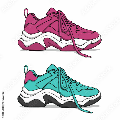 Stylish oversized athletic footwear in fuchsia and aqua hues designed for modern casual fashion on a bright background with ample room for text.