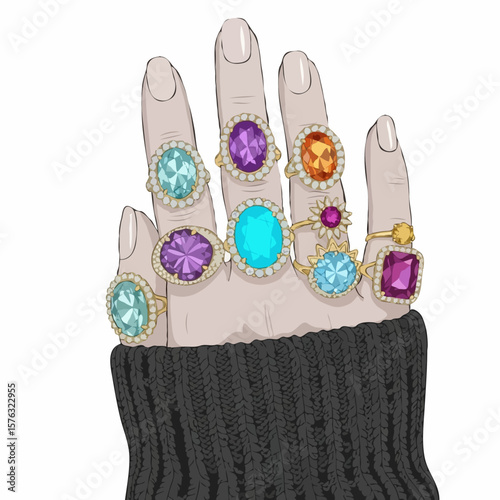 A manicured human hand adorned with various opulent cocktail jewelry pieces featuring large colorful gems on an empty bright backdrop for added text.