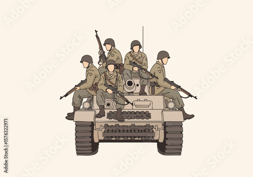 Detailed Illustrated Group of Soldiers on Tank Wartime Military Illustration