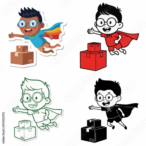 A set of images. An animated child in a vibrant costume soaring dynamically to transport presents, depicted in various stylistic renderings, conveying speed and magical service.