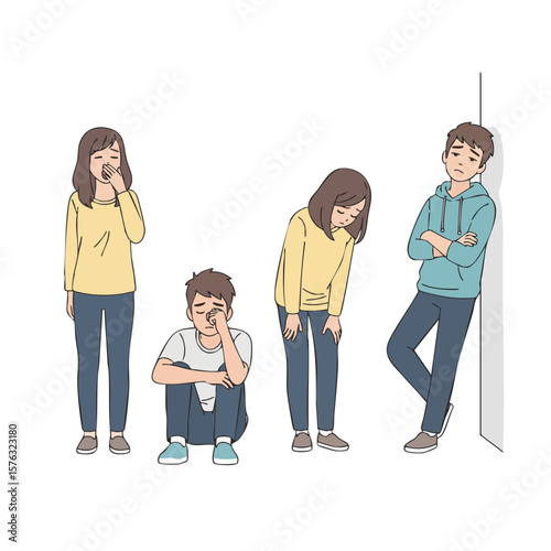 Minimalist Flat Illustration Depressed People Feeling Sad and Anxious Emotions