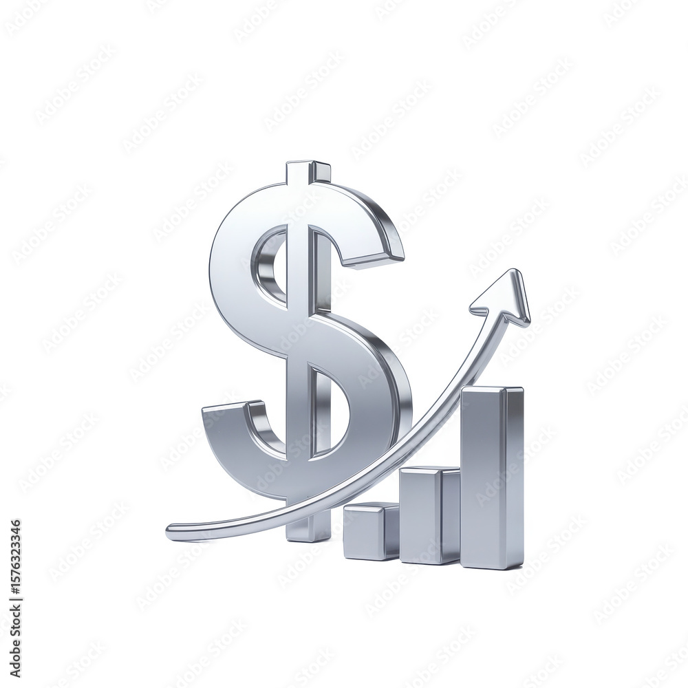Shiny silver dollar symbol with upward trend bar chart and arrow isolated on transparent background Shiny silver dollar symbol with upward trend bar chart and arrow isolated on transparent background