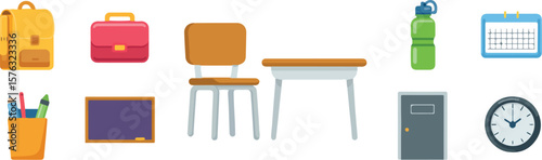 Yellow backpack red briefcase brown chair desk green bottle blue calendar pencil holder purple blackboard grey door clock vector png isolated on white background bundle set 2025 download