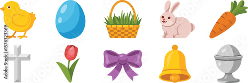 Yellow chick blue egg basket grass pink bunny orange carrot grey cross red tulip purple bow gold bell silver egg cup vector png isolated on white background bundle set 2025 download