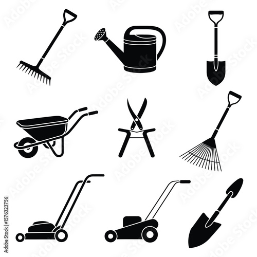 Black Silhouettes of Gardening Tools on White Background