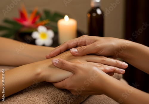 Relaxing hand massage with candle light and tropical flower arrangement