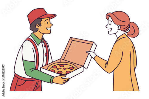 Pizza Delivery: A pizza delivery person handing a freshly delivered pizza to a satisfied customer. Capturing a moment of convenience and satisfaction.