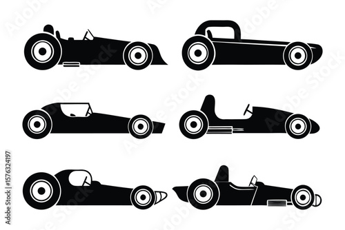 Vintage Car Silhouettes: A set of stylized, black vintage car silhouettes, ideal for design, capturing the elegance and history of automotive design