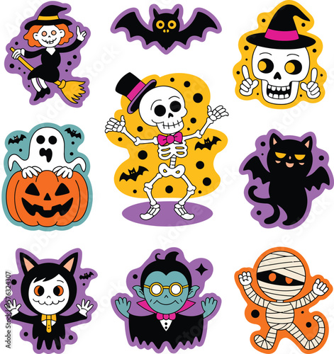 Collection of cute cartoon halloween characters including a witch skeleton vampire mummy and ghost