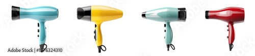 Four colorful hair dryers isolated on transparent background.