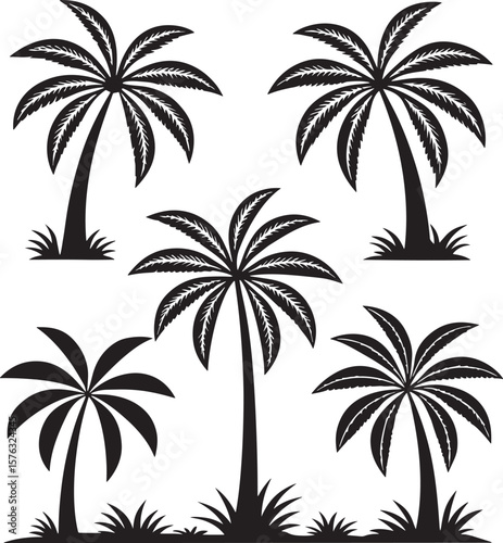 Collection of black silhouette palm trees tropical design