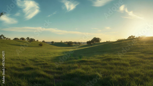 Endless Green Grass Landscape under Blue Sky

