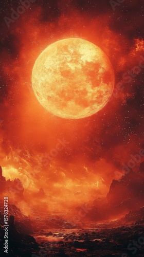 Glowing Moon Over Red Planet Landscape, Mysterious Scene