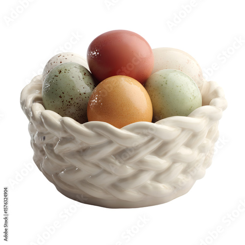 Wallpaper Mural Colorful easter eggs in braided ceramic bowl: Rustic eggs in a woven basket of woven porcelain for an authentic Easter celebration. Torontodigital.ca