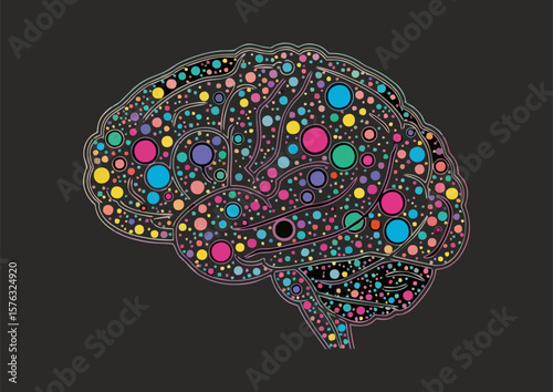 Stylized brain illustration with colorful dot pattern on a black background
