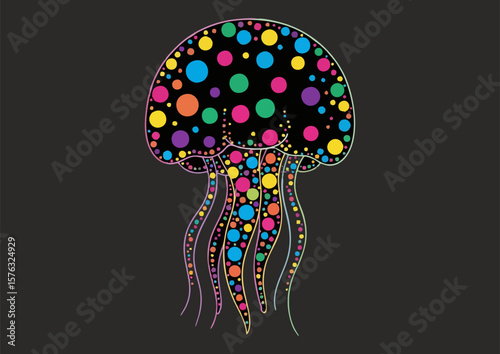 Stylized jellyfish with colorful polka dots on a black background