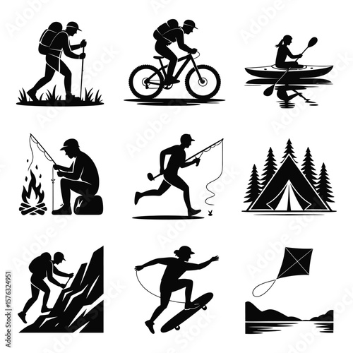 Black Silhouettes of Outdoor Activities and Recreation