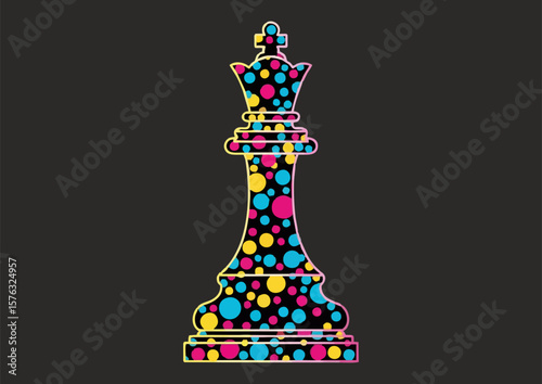 Stylized king chess piece with colorful polka dots on a black background