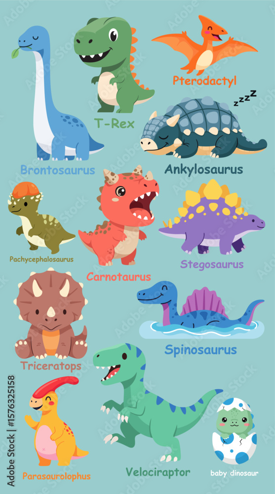 Obraz premium Flat Vector Set of 12 Cute Cartoon Dinosaurs – T-Rex, Brontosaurus, Triceratops, Stegosaurus, and More. Simplified, Kid-Friendly, 3-Color Design on White Background for Stickers and Prints