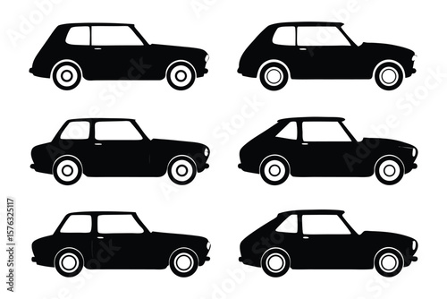 Classic Car Silhouettes: Collection of six minimalist black silhouettes of classic cars, showcasing variations in hatchback and coupe styles.