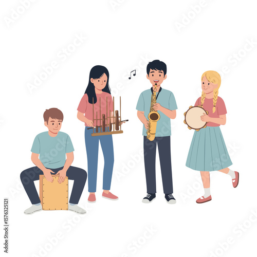 Flat Illustration Diverse Group of Young People Playing Musical Instruments