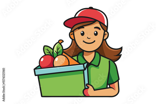 Fresh Harvest Delivery: A friendly figure delivers fresh produce, with a box overflowing with vibrant fruits and vegetables, embodying healthy living and the joy of wholesome nutrition.