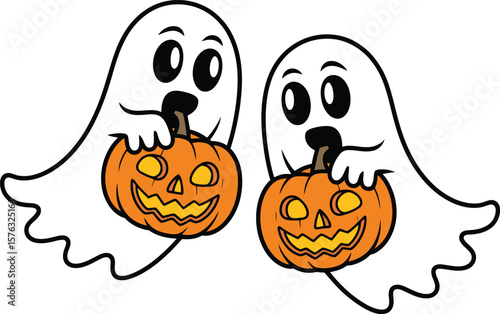Two cute cartoon ghosts holding jack o lanterns for halloween trick or treat