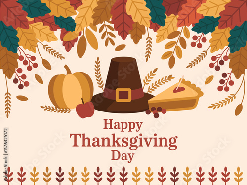 Happy thanksgiving day greeting with autumn leaves pumpkin pie and pilgrim hat