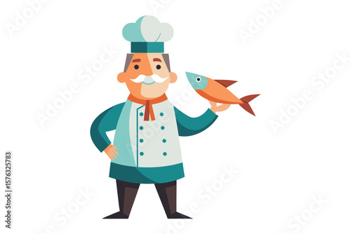 Chef Holding Fish: A culinary artist, in a chef's hat and uniform, presents a freshly caught fish, symbolizing his expertise and the delightful prospect of a seafood delicacy. 