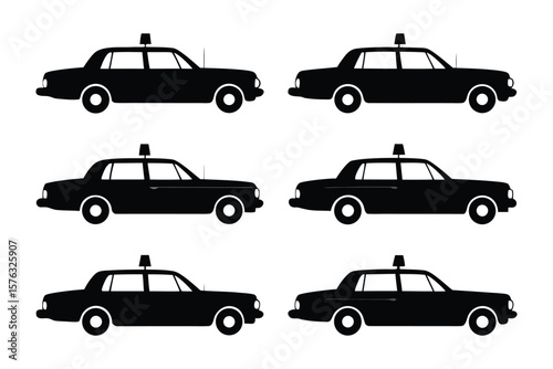 Taxi Silhouette Set: A collection of six sleek black taxi silhouettes, perfect for conveying urban transportation or city life.