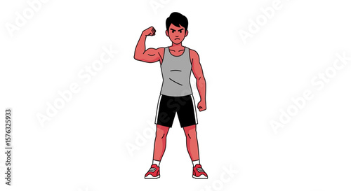 Strong Man Flexing Bicep Cartoon Illustration Fitness Anger Isolated White Background.