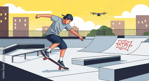 Urban Skatepark Acrobatics Youthful Energy and Drone Perspective.