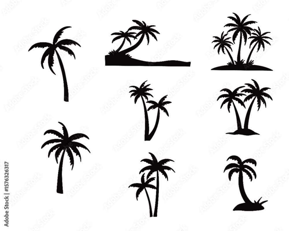 Fototapeta premium palm trees silhouette set, tropical coconut, isolated on white background