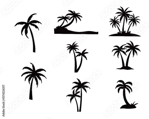palm trees silhouette set, tropical coconut, isolated on white background
