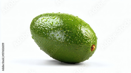 A single, fresh green avocado, glistening with water droplets, isolated on white.