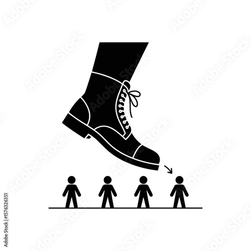 Giant Boot Threat: A large boot about to crush tiny figures, symbolizing power imbalance and oppression.