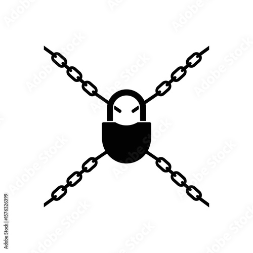 Symbol of Restriction: A stark black and white graphic portrays a padlock intersected by chains, symbolizing restriction, security, and the concept of being locked down.