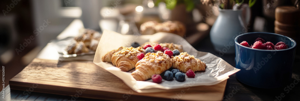 Naklejka premium Freshly baked croissants topped with berries are served on a wooden board in a warm kitchen. The bright atmosphere invites a relaxing breakfast experience