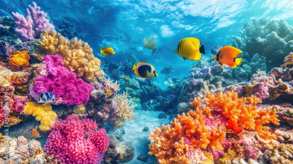Naklejka premium Vibrant Underwater Scene of the Great Barrier Reef Teeming with Life